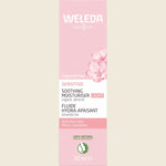 Weleda Sensitive Soothing Moisturiser Light 30ml box with almond and plum seed oil illustrations on a white background.