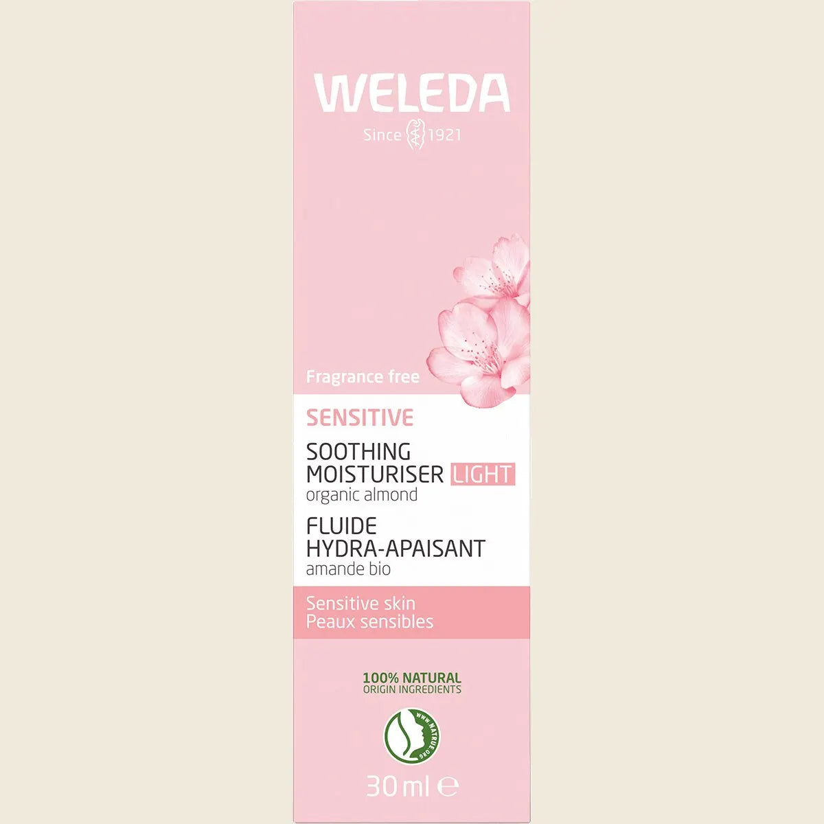 Weleda Sensitive Soothing Moisturiser Light 30ml box with almond and plum seed oil illustrations on a white background.