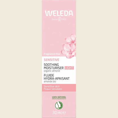 Weleda Sensitive Soothing Moisturiser Light 30ml box with almond and plum seed oil illustrations on a white background.