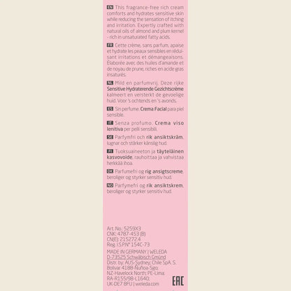 Back of Weleda Sensitive Soothing Moisturiser Light box with nutrition facts, ingredients, and usage instructions.