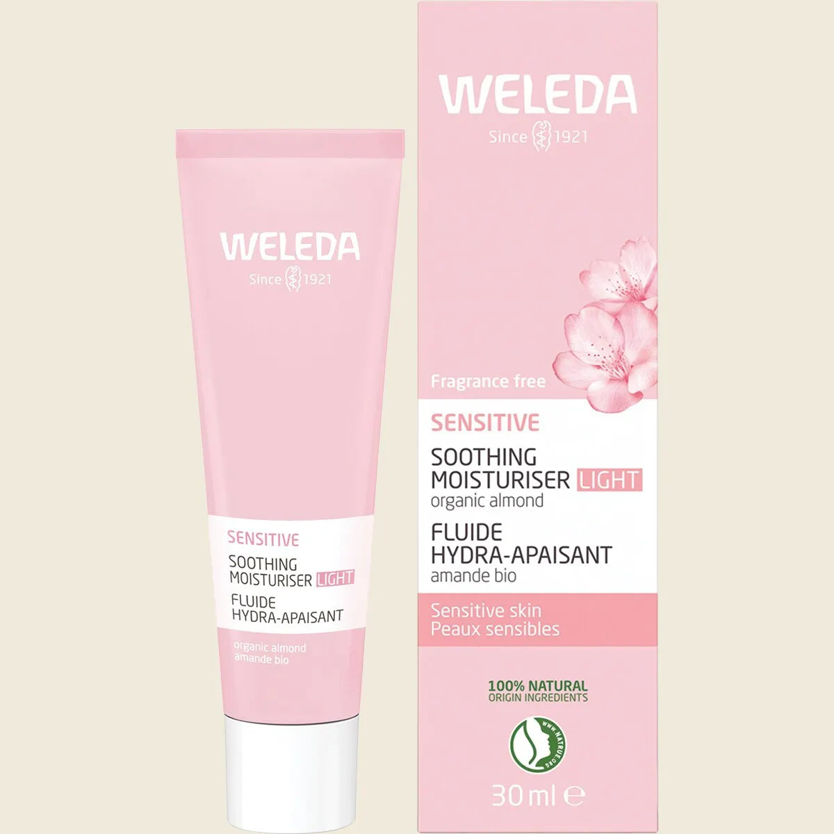 Weleda Sensitive Soothing Moisturiser Light 30ml tube and box with organic almond and plum seed oil illustrations.
