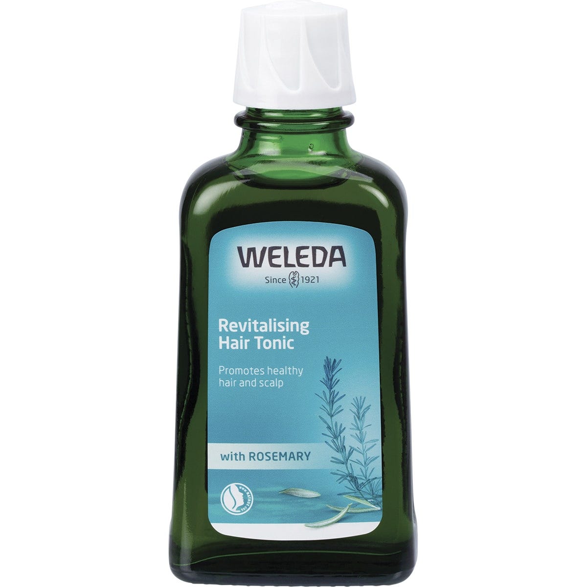 100ml glass bottle of Weleda Revitalising Hair Tonic with Rosemary on a white background.