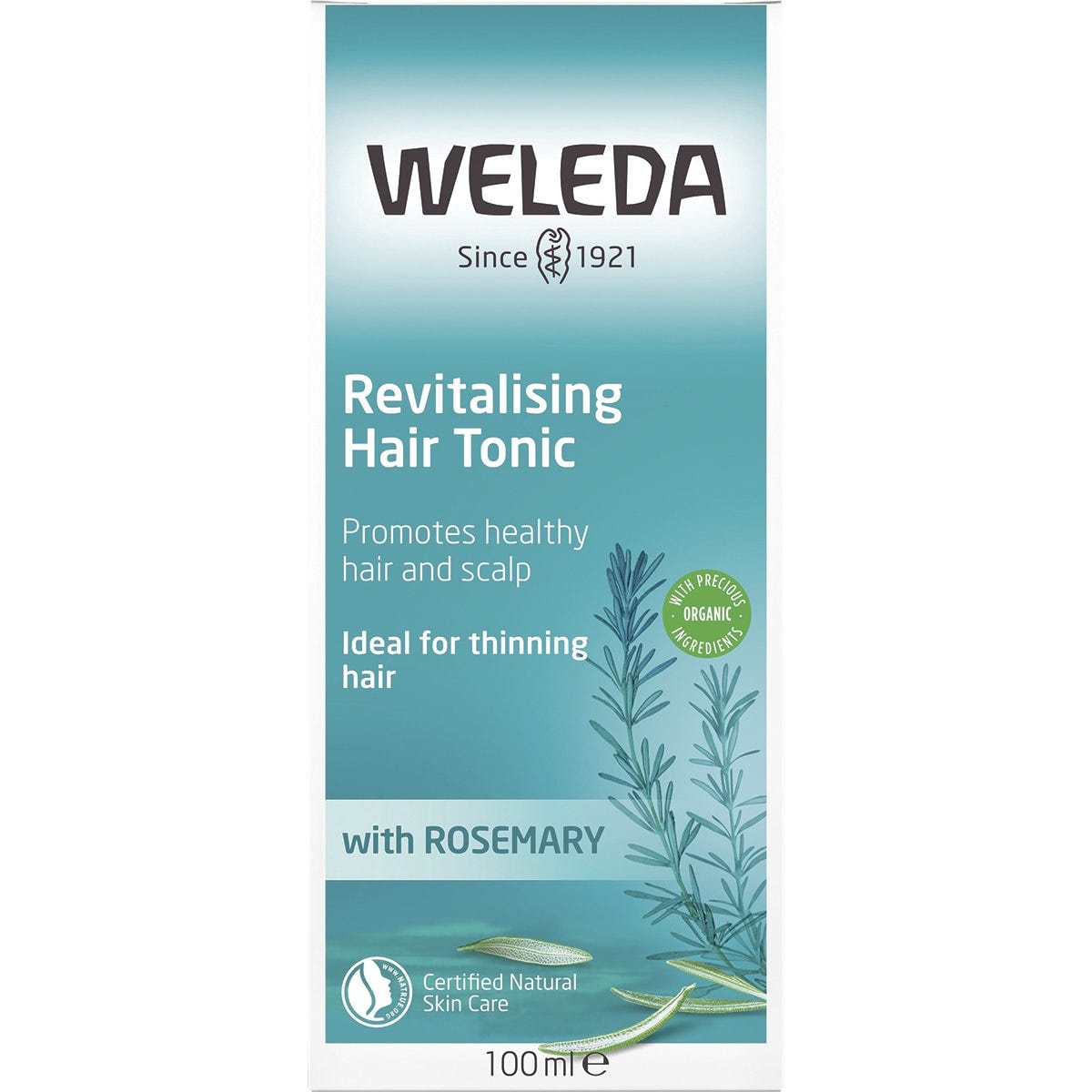 Front of the Weleda Revitalising Hair Tonic box featuring rosemary illustrations on a white and green background.