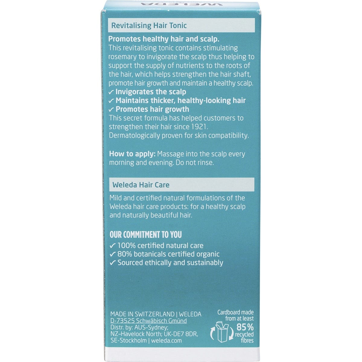 Back of Weleda Revitalising Hair Tonic box with product description, directions, and certified natural logos.