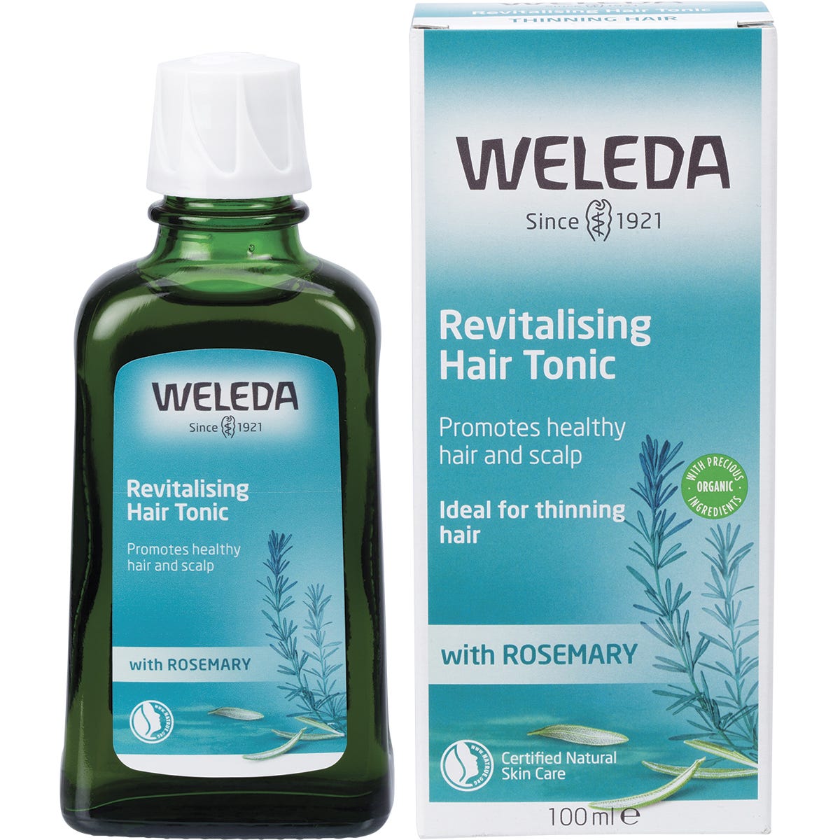 Weleda Revitalising Hair Tonic 100ml glass bottle with rosemary and its product packaging box.