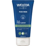 Weleda For Men 2 in 1 Face Wash 100ml blue tube with organic willow bark and licorice root illustrations.