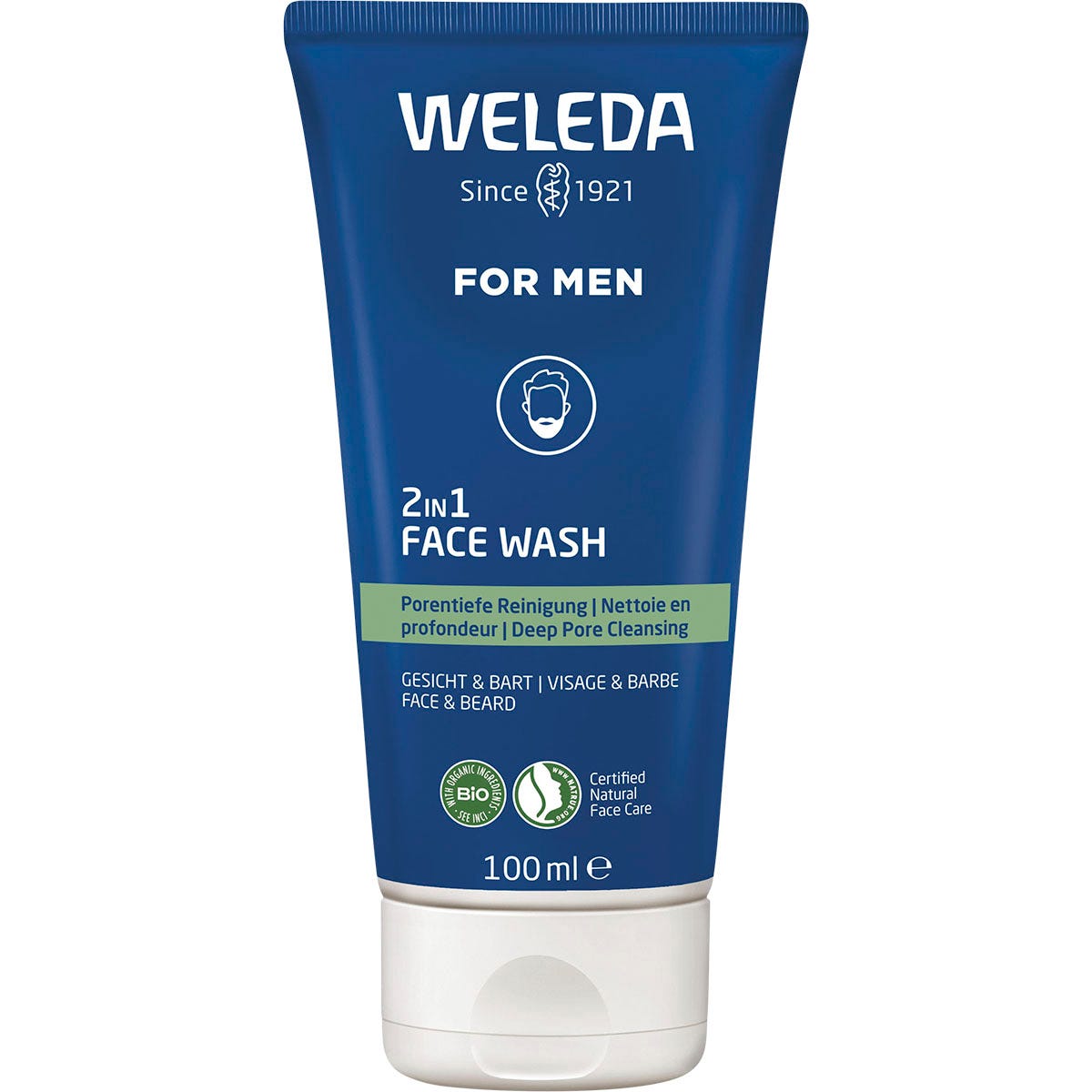 Weleda For Men 2 in 1 Face Wash 100ml blue tube with organic willow bark and licorice root illustrations.