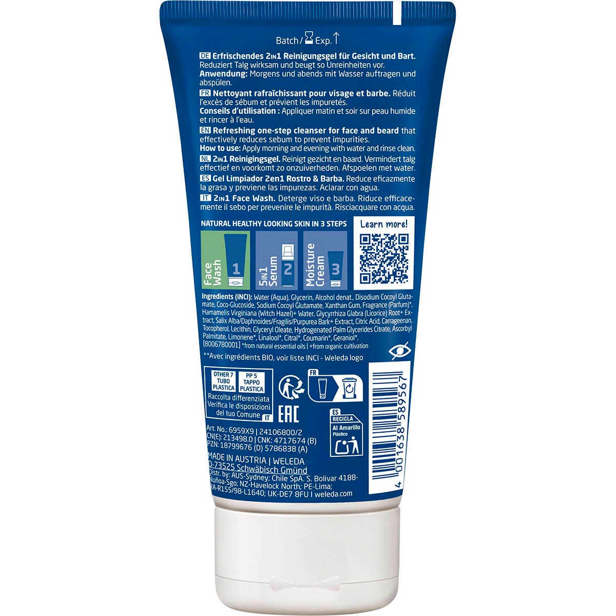 Back of Weleda Men 2 in 1 Face Wash 100ml tube with ingredients, usage directions, and NATRUE certification.