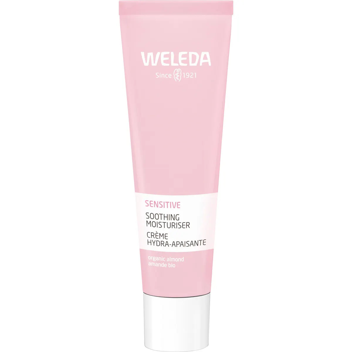 30ml tube of Weleda Sensitive Soothing Moisturiser Almond for dry and sensitive skin on a white background.