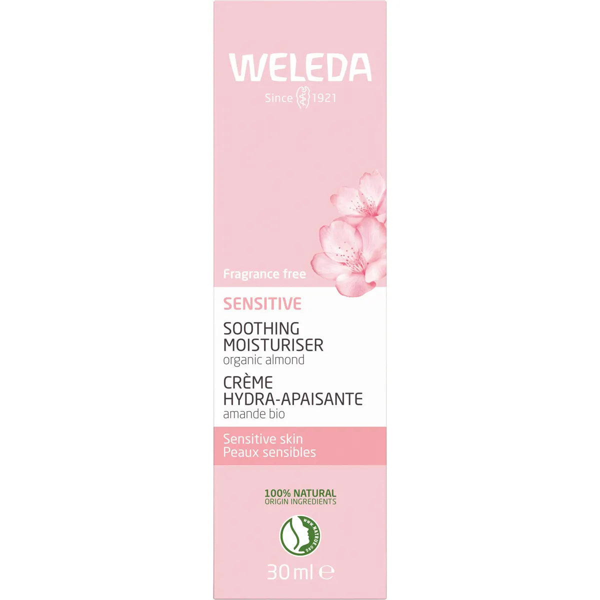 Box of Weleda Sensitive Soothing Moisturiser Almond 30ml with organic almond oil and plum kernel oil.