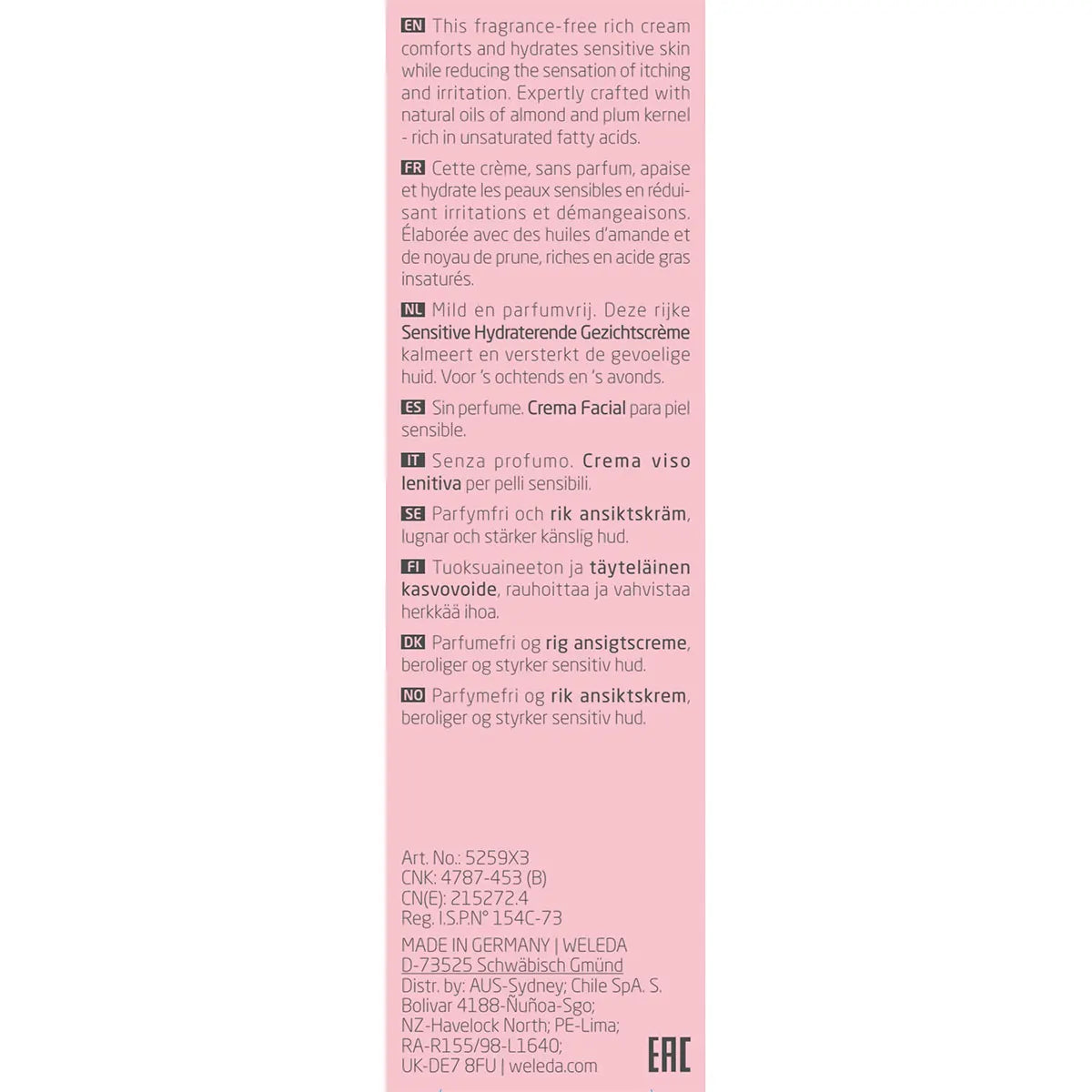 Back of Weleda Almond Sensitive Soothing Moisturiser box with product details, directions, and ingredients.