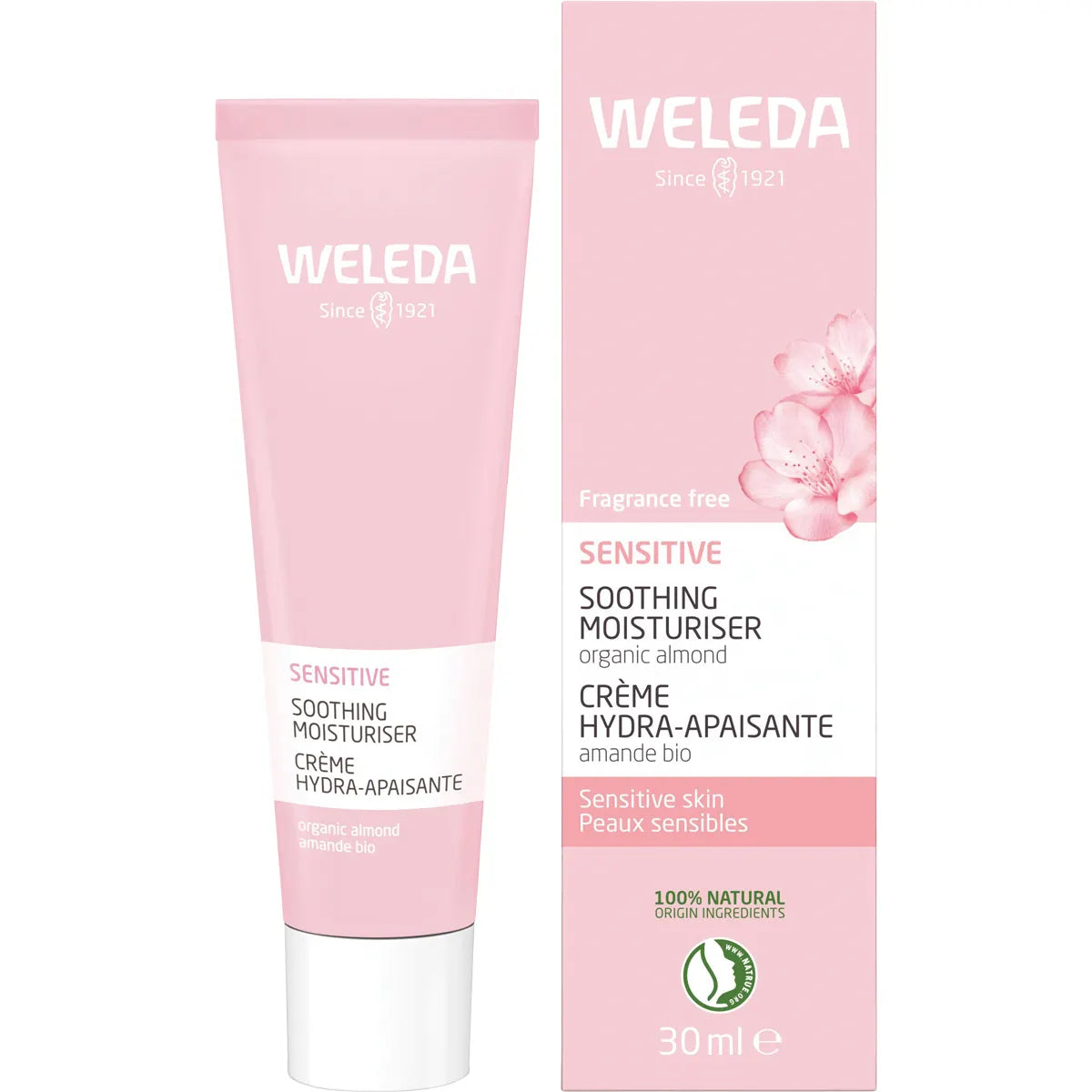 Weleda Sensitive Soothing Moisturiser Almond 30ml tube and box with organic almond oil and plum kernel oil.