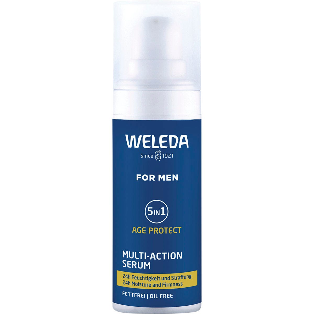 30ml bottle of Weleda 5 in 1 Multi-Action Serum for men with a blue and white label.