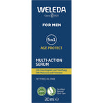 Front of Weleda Men 5 in 1 Multi-Action Serum box featuring pomegranate and aloe vera illustrations.