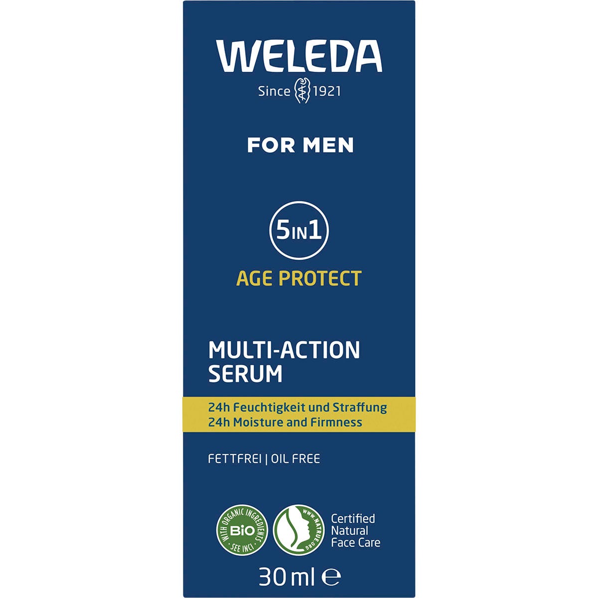 Front of Weleda Men 5 in 1 Multi-Action Serum box featuring pomegranate and aloe vera illustrations.