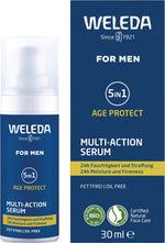 Weleda 5 in 1 Multi-Action Serum for men 30ml bottle and packaging box with aloe vera and pomegranate illustrations.