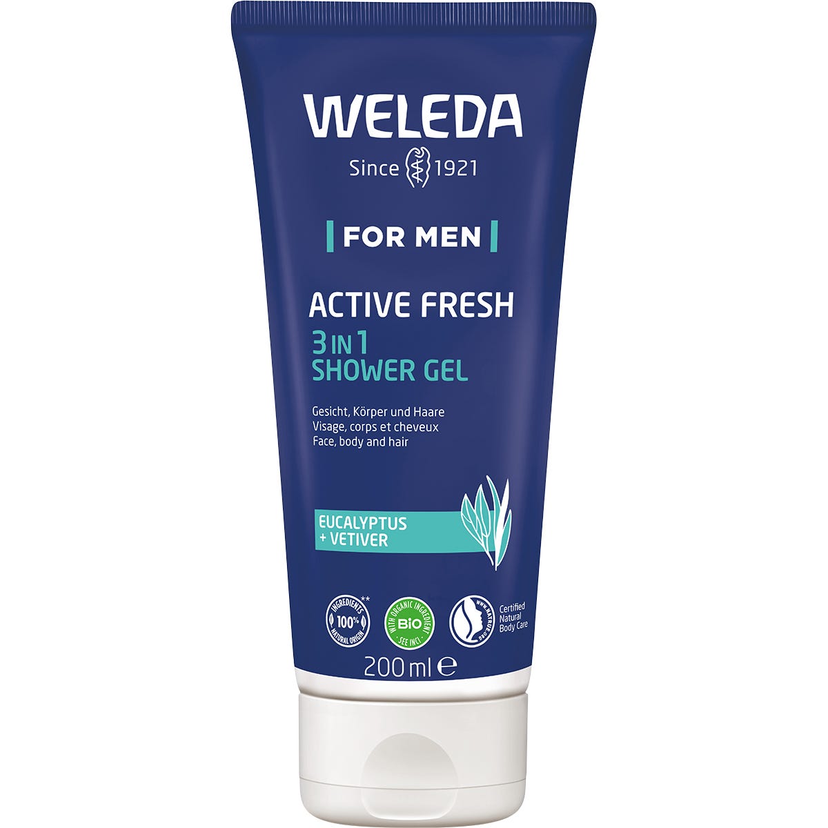 200ml tube of Weleda Men Active Fresh 3-in-1 Shower Gel with a blue and silver label on a white background.