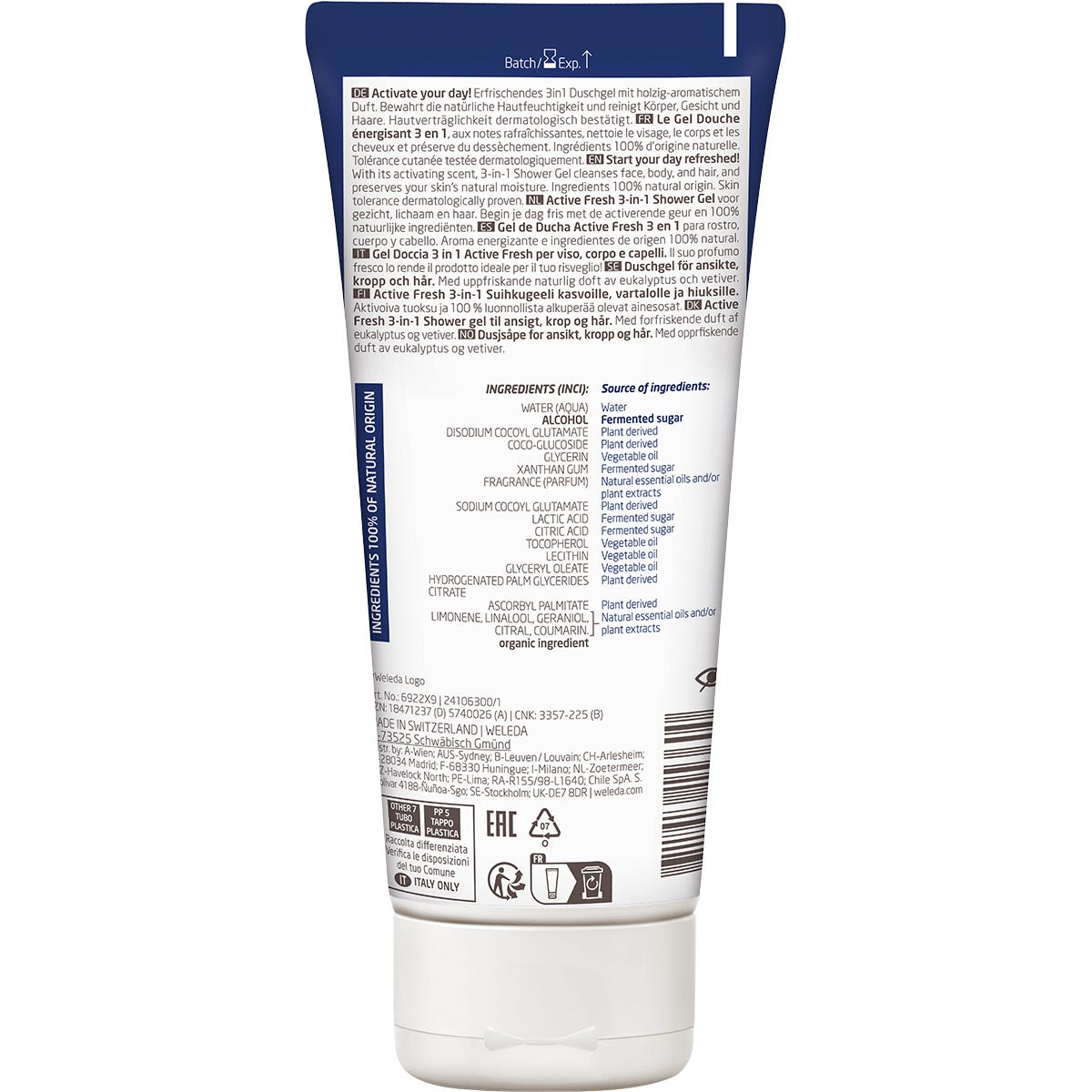 Back of Weleda Men Active Fresh 3-in-1 Shower Gel tube with ingredients and usage instructions.