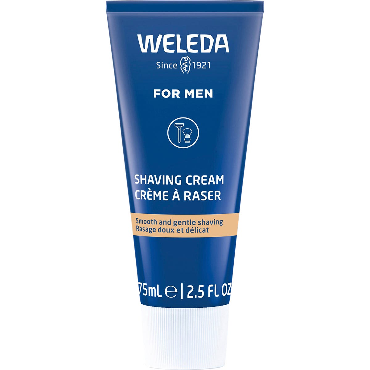 Weleda Shaving Cream for men 75ml blue and white tube on a white background.