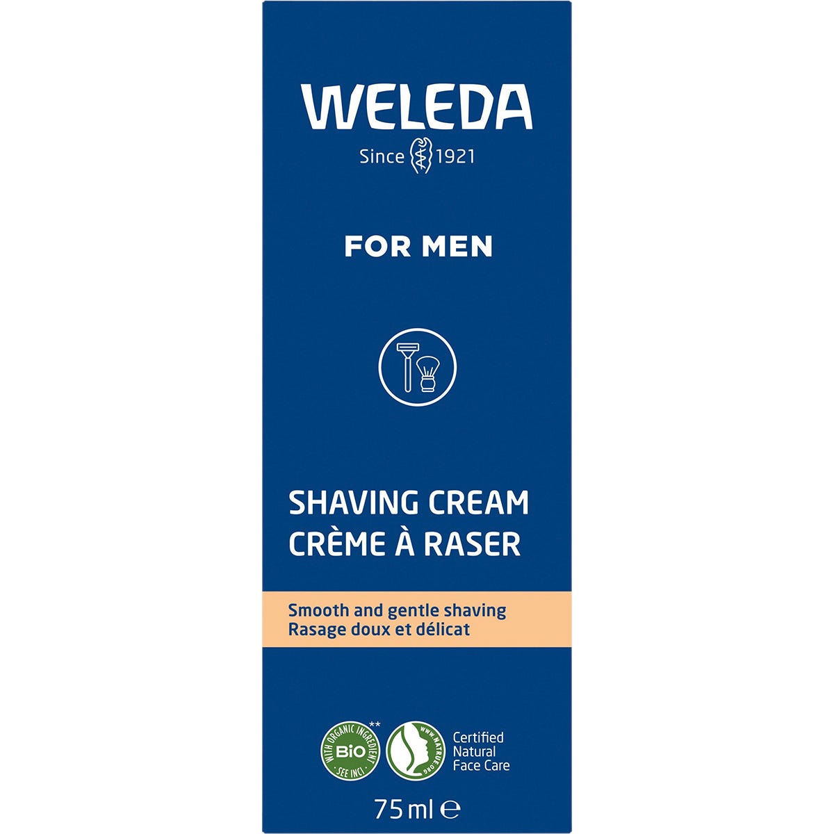 Blue and white Weleda Shaving Cream for Men retail box on a white background.