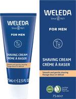 Weleda Shaving Cream for men 75ml tube and matching blue and white cardboard box on a white background.