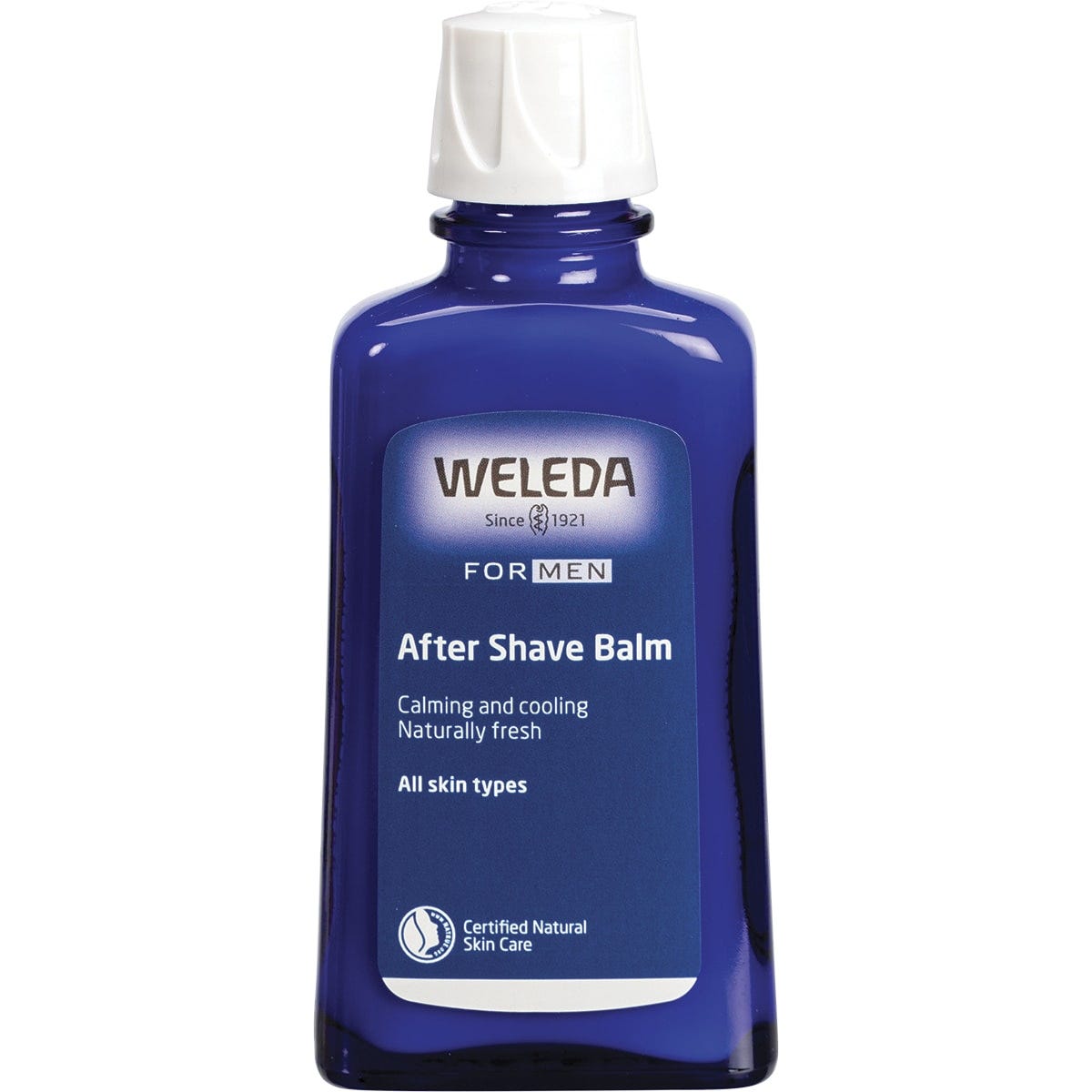 100ml glass bottle of Weleda After Shave Balm for men featuring a blue and white label on a white background.
