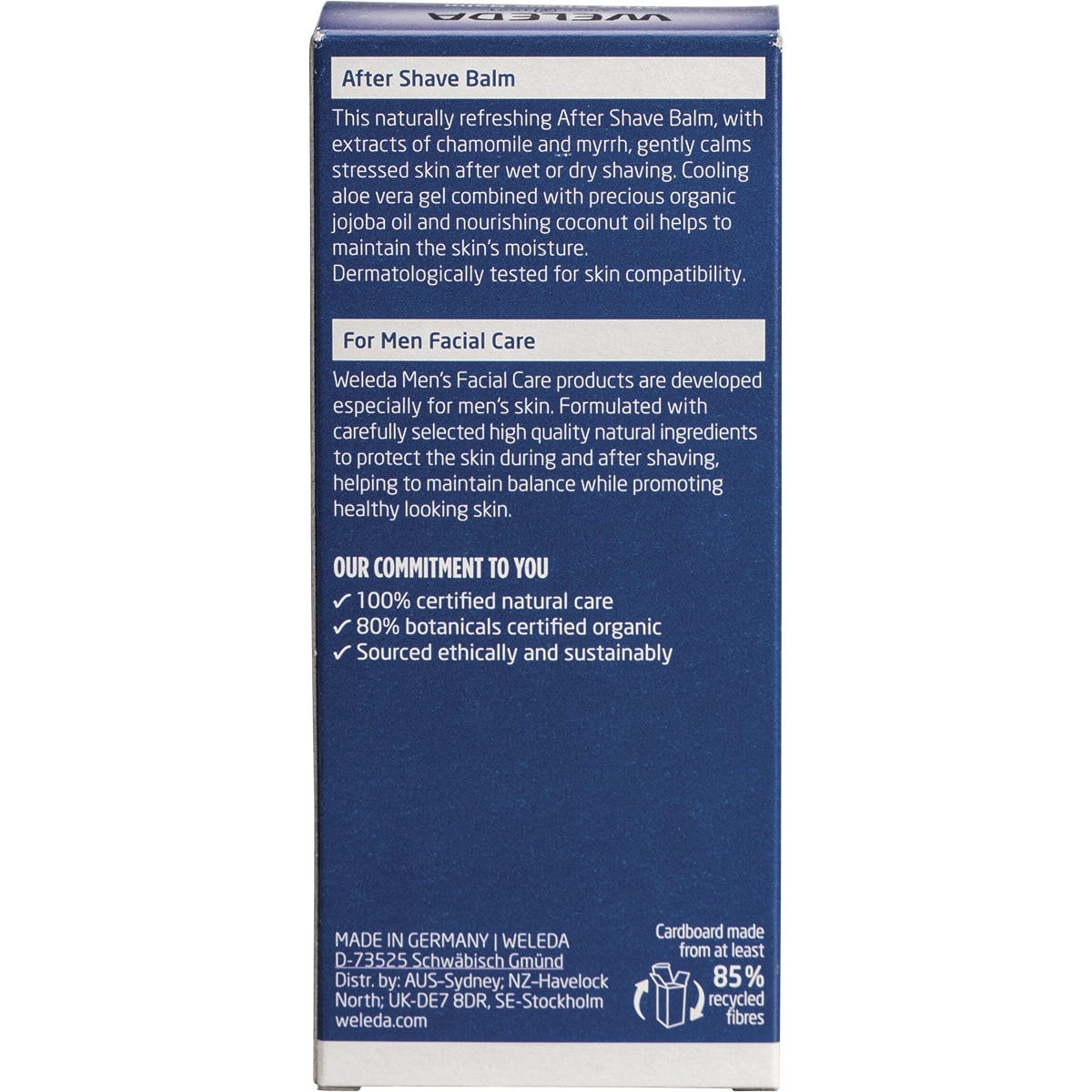 Back of Weleda After Shave Balm for men box with product description, directions, and certified organic logos.