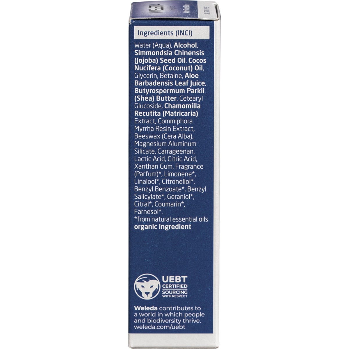 Left side of Weleda After Shave Balm box showing product features and a list of natural ingredients.
