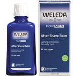 Weleda After Shave Balm for men 100ml bottle and packaging box with botanical ingredients on a white background.