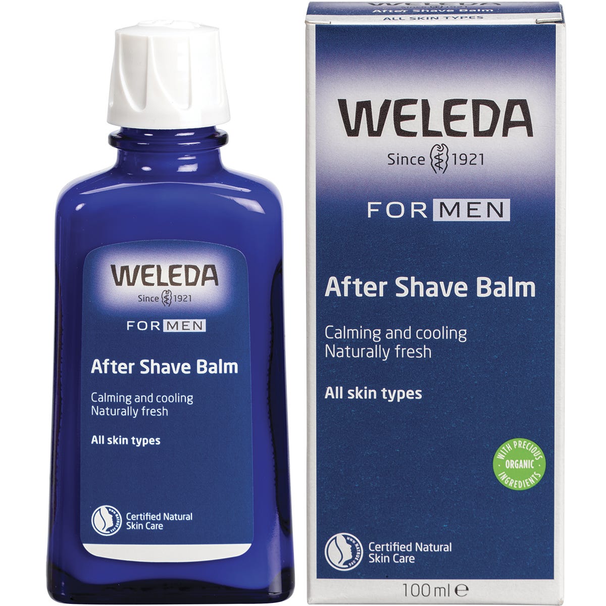 Weleda After Shave Balm for men 100ml bottle and packaging box with botanical ingredients on a white background.