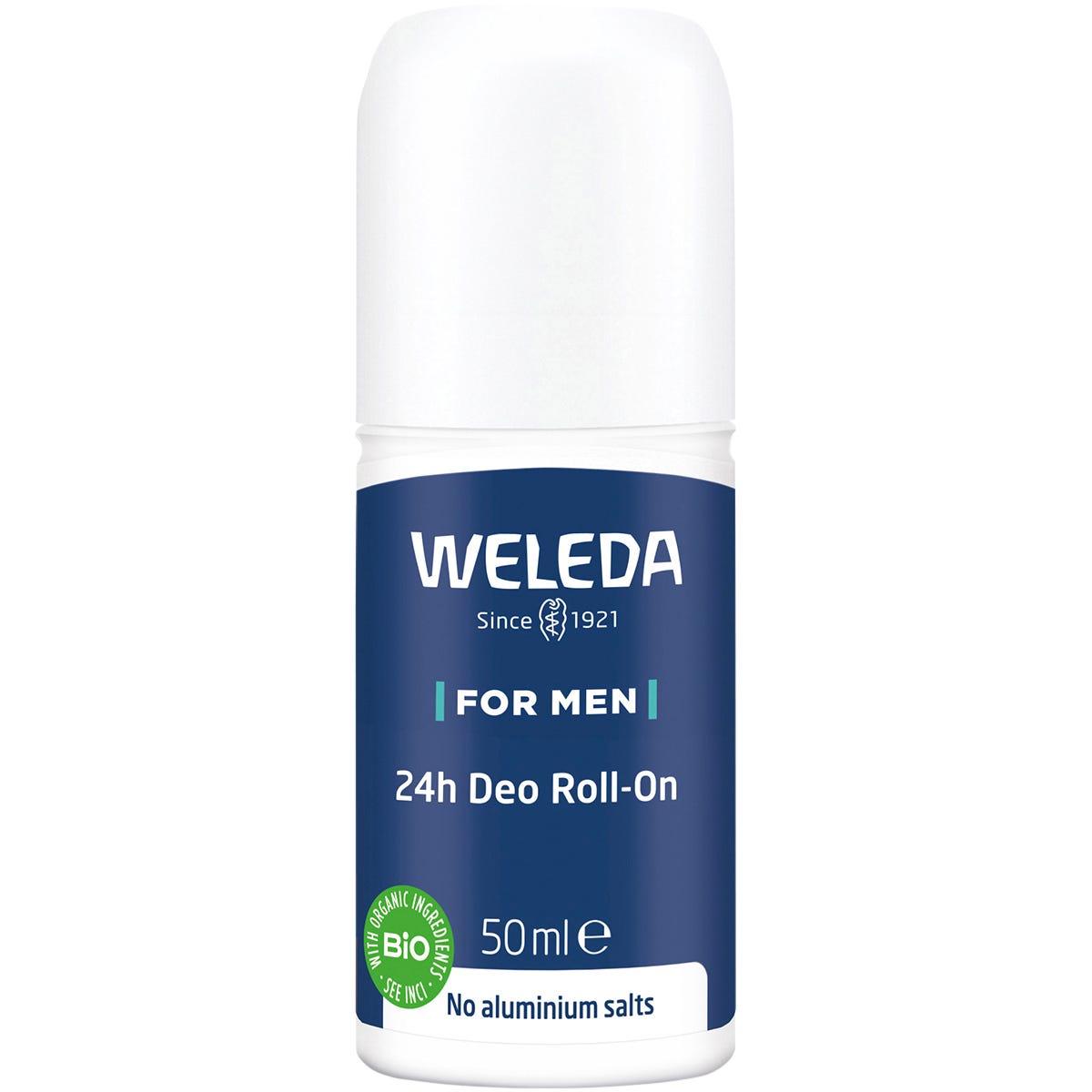 Weleda Men 24h Deo Roll-On in a 50ml blue bottle with a silver cap and a woodsy, herbal-themed label.