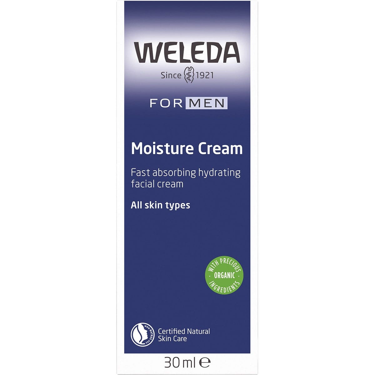Side view of the Weleda Moisture Cream for Men 30ml box showing product features and natural ingredients.