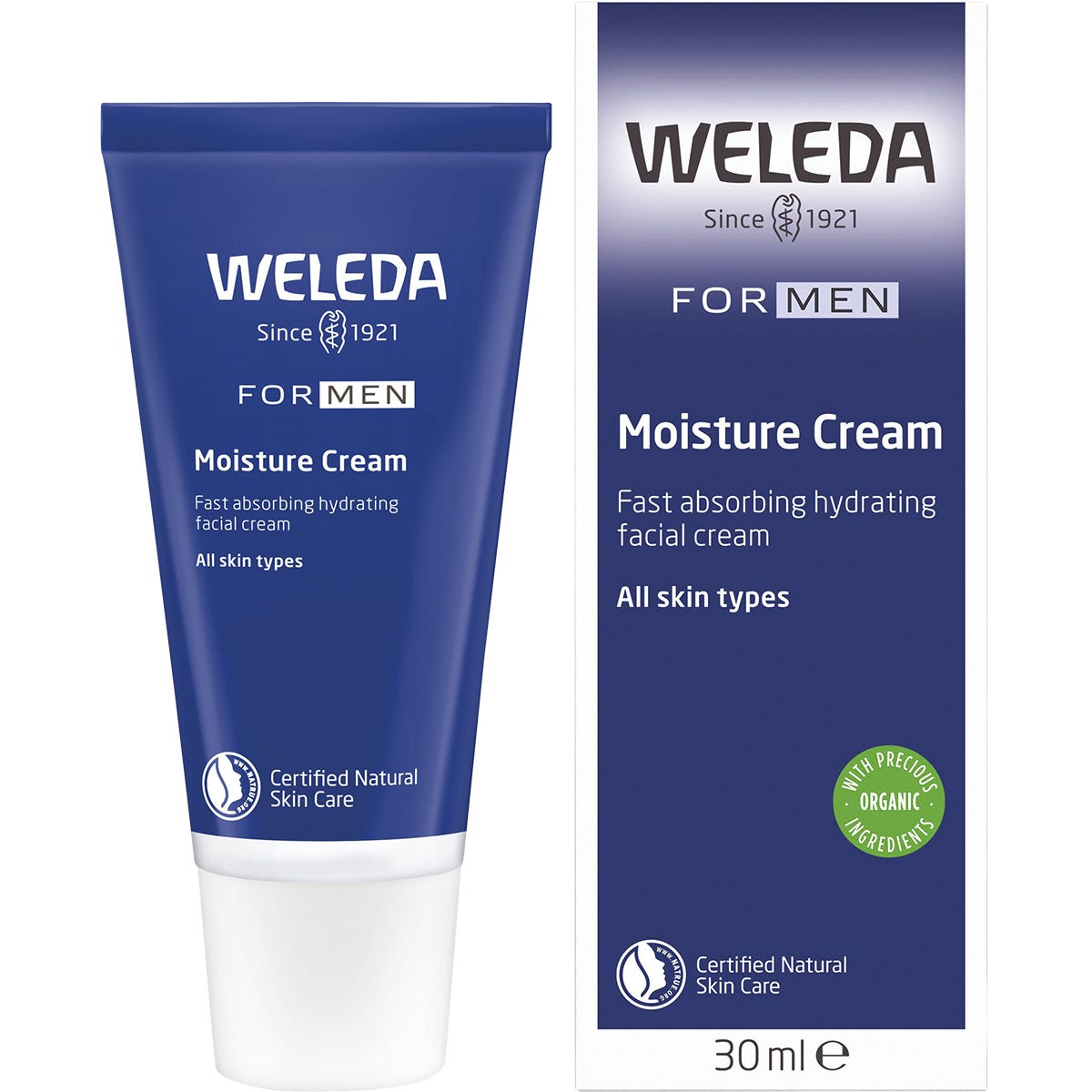 Weleda Moisture Cream for Men 30ml tube and box featuring organic jojoba oil and marshmallow root.
