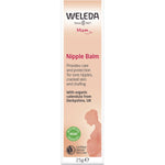 Front of Weleda Nipple Balm 25g box featuring a white and orange design with botanical calendula illustrations.