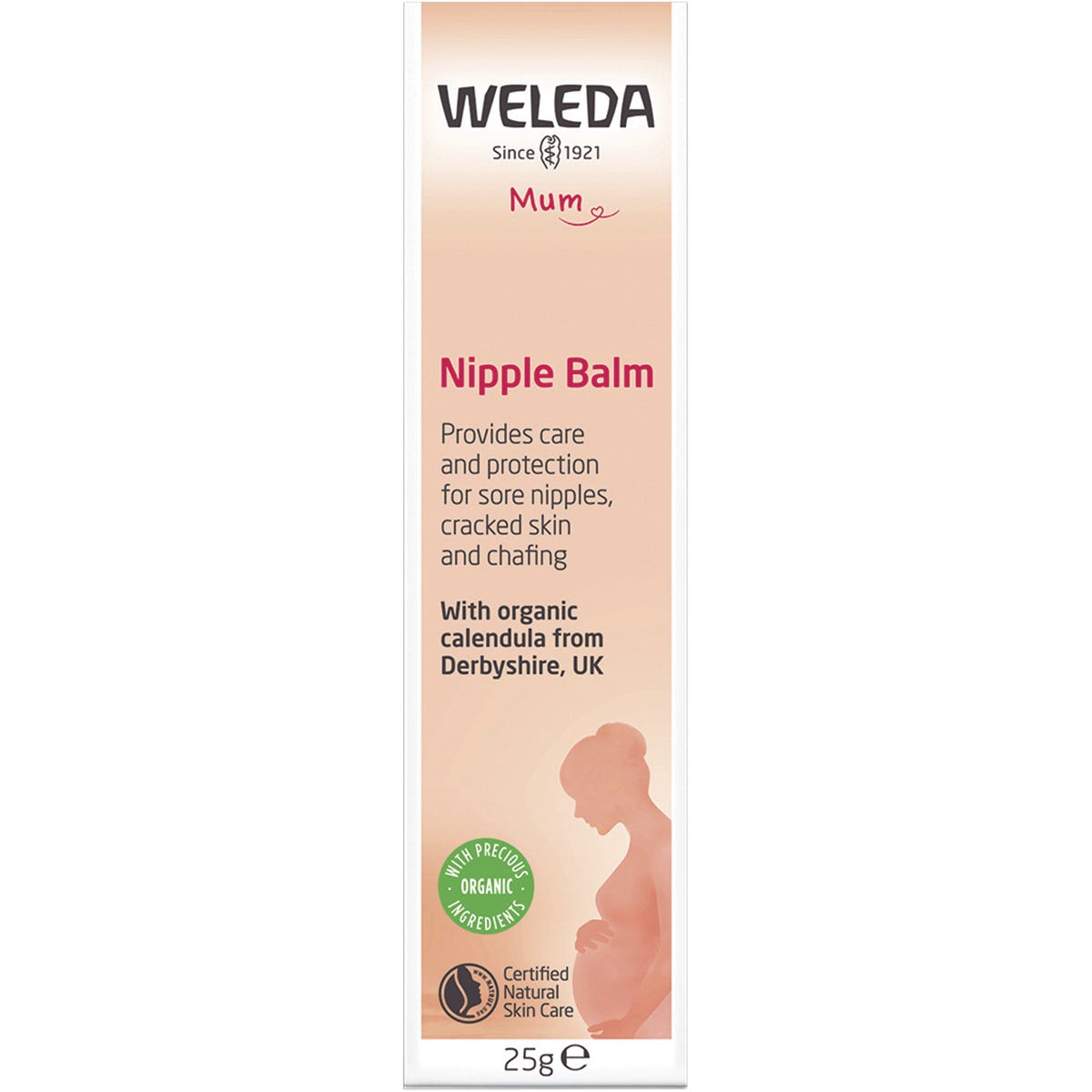 Front of Weleda Nipple Balm 25g box featuring a white and orange design with botanical calendula illustrations.