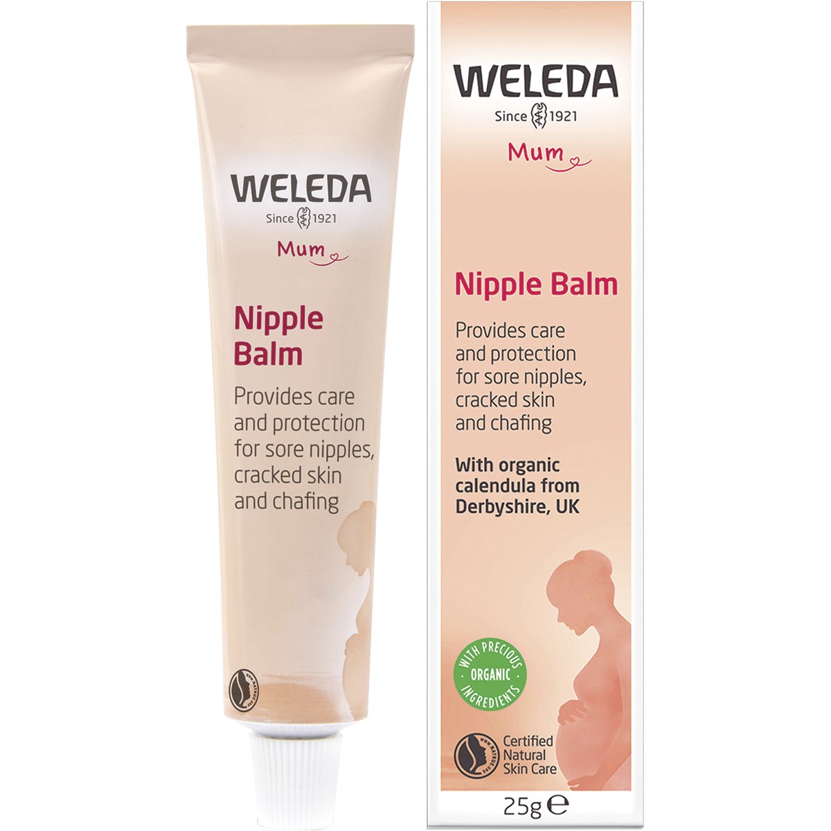 Weleda Nipple Balm 25g tube and packaging, a certified natural balm for breastfeeding care and protection.