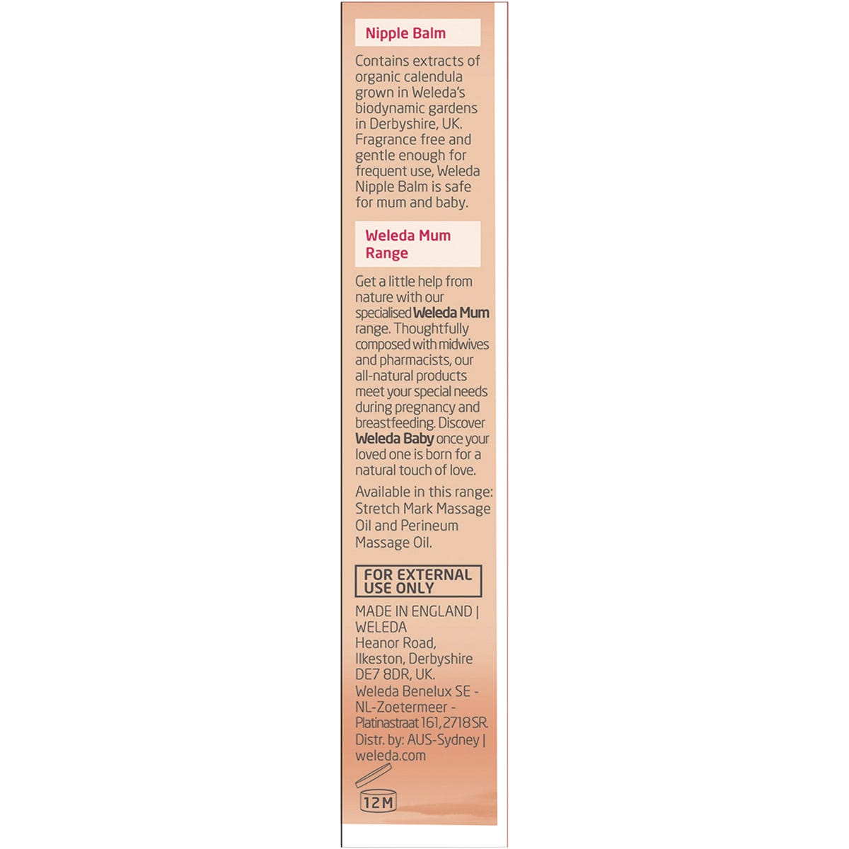 Left side of a Weleda Nipple Balm box showing product benefits, organic certification, and a "Certified Natural" logo.