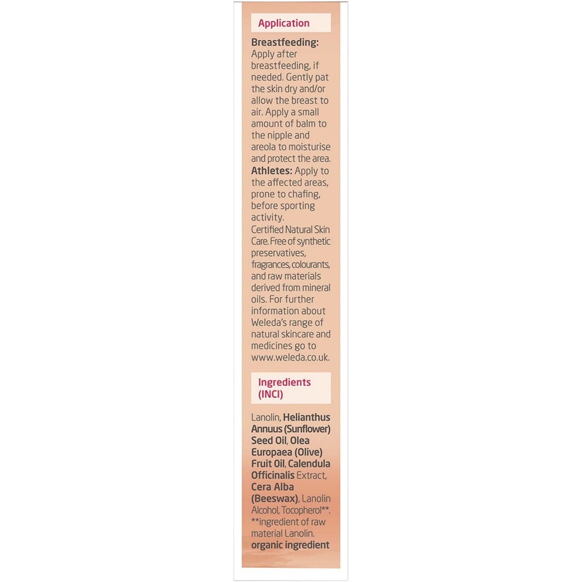 Right side of a Weleda Nipple Balm box featuring a list of natural ingredients and an "UEBT Sourcing with Respect" logo.