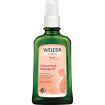 100ml green glass bottle of Weleda Stretch Mark Massage Oil with a white pump dispenser on a white background.