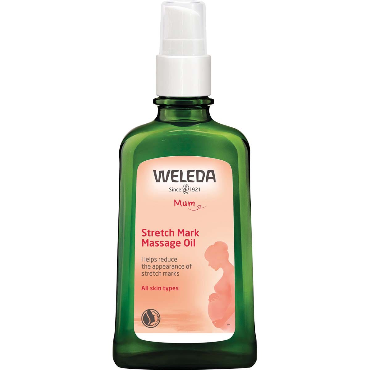 100ml green glass bottle of Weleda Stretch Mark Massage Oil with a white pump dispenser on a white background.