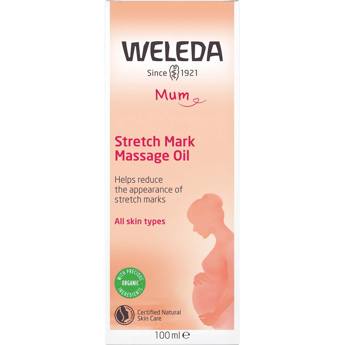 Weleda Stretch Mark Massage Oil box in white and green with an illustration of an almond branch on a white background.