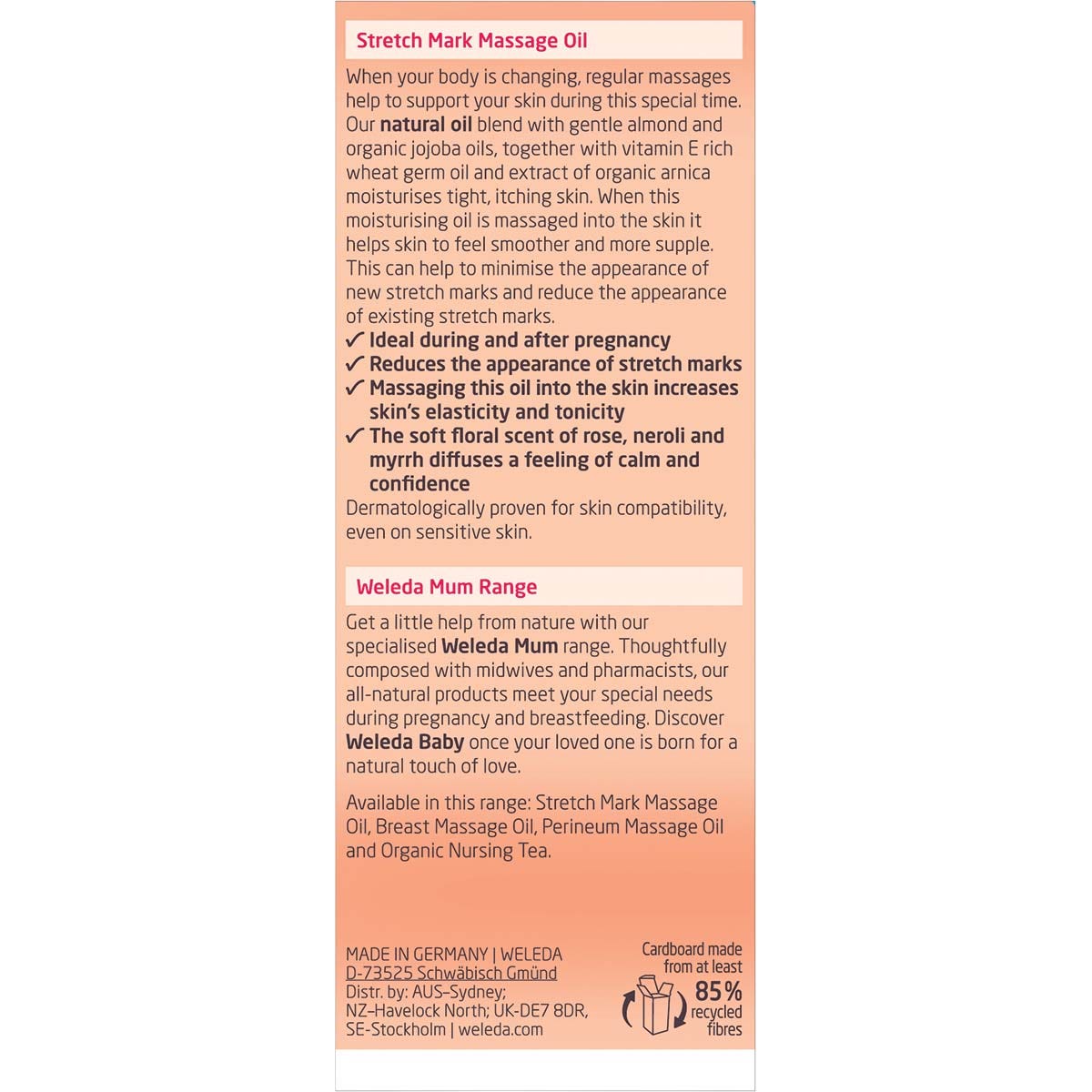 Back of Weleda Stretch Mark Massage Oil box with product description, key ingredients, and usage instructions.