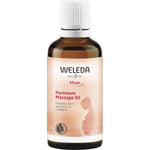 50ml glass bottle of Weleda Perineum Massage Oil with a yellow and green label on a white background.