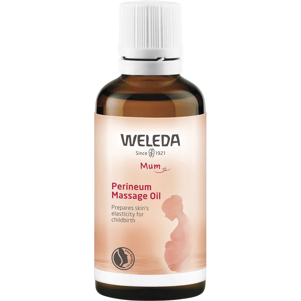 50ml glass bottle of Weleda Perineum Massage Oil with a yellow and green label on a white background.