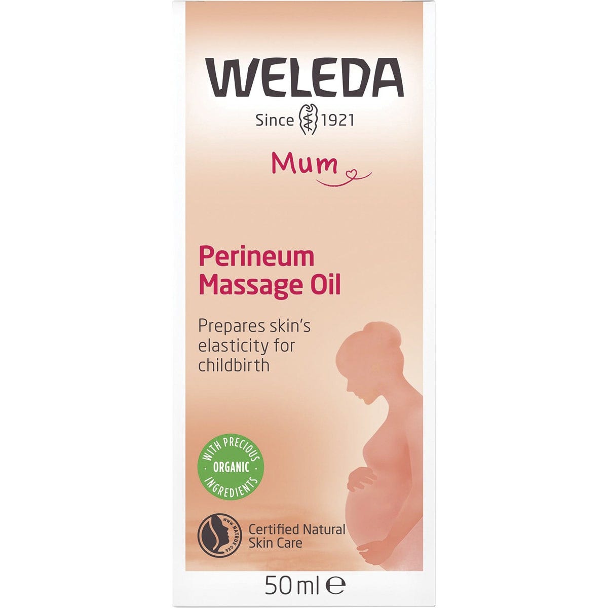 Front of the Weleda Perineum Massage Oil 50ml box featuring botanical illustrations on a white background.