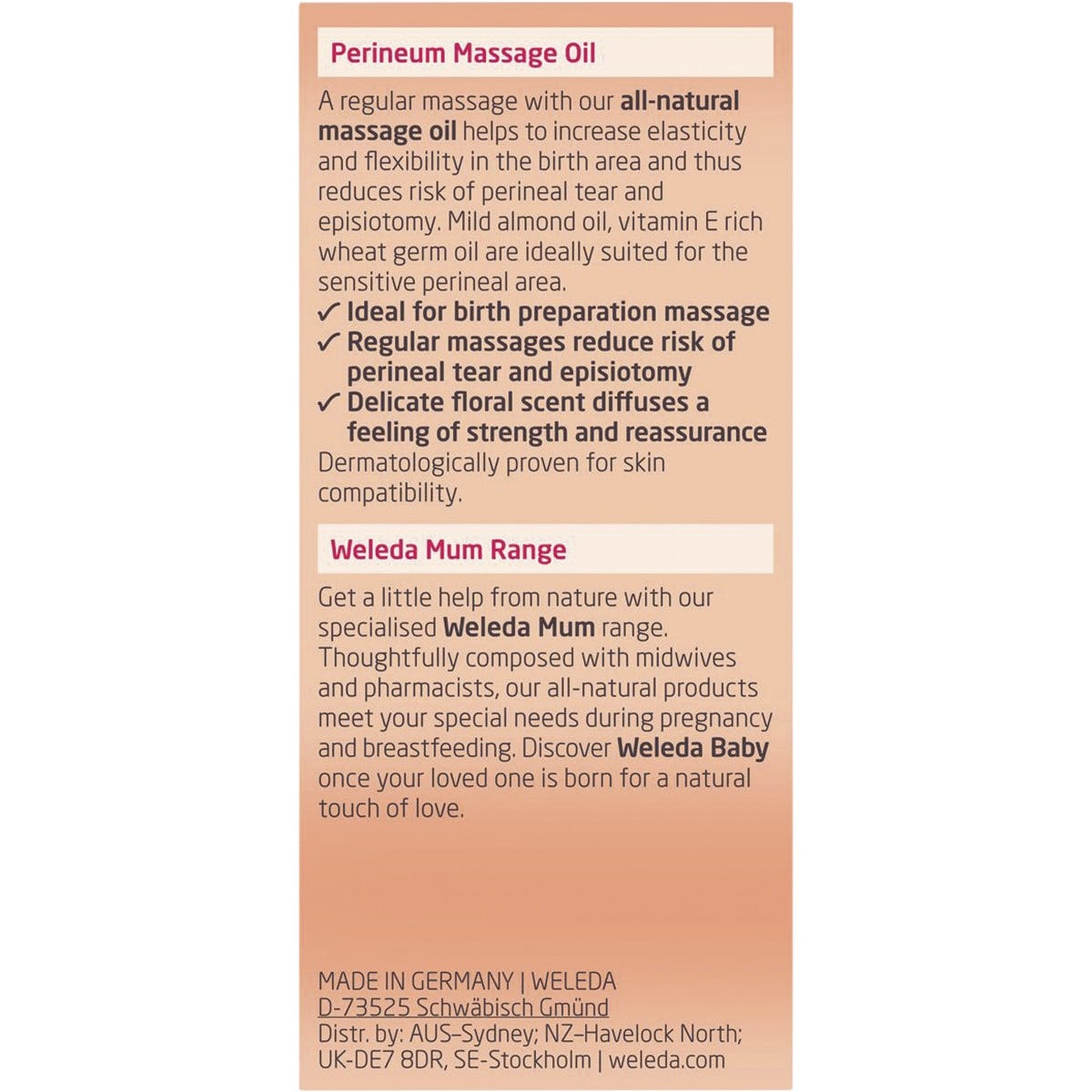 Back of Weleda Perineum Massage Oil box showing product benefits, application directions, and ingredients list.