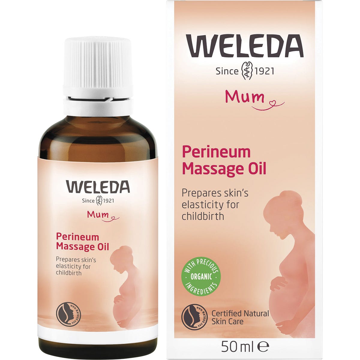 50ml bottle and box of Weleda Perineum Massage Oil for pregnancy, featuring almond oil and wheat germ oil.