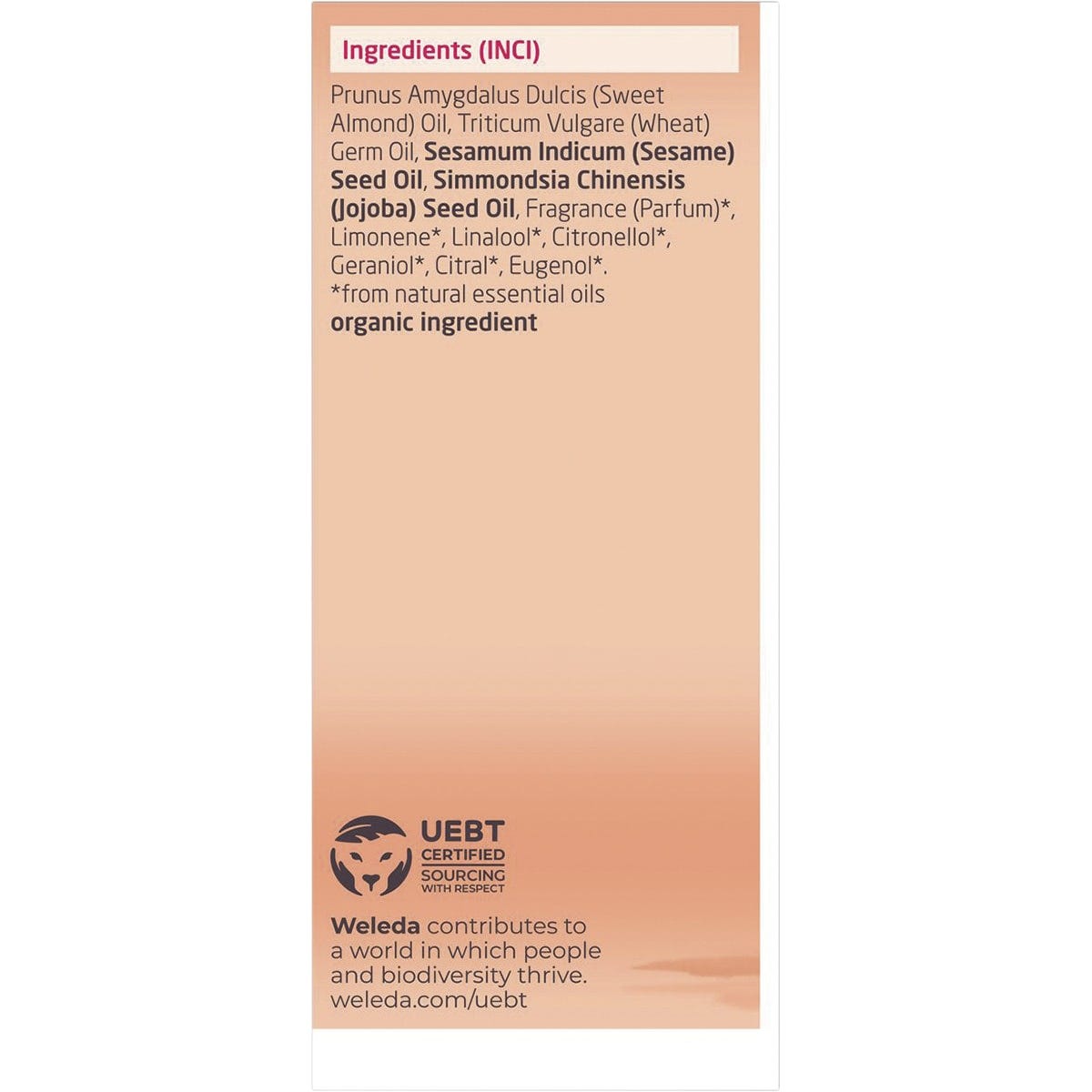 Side view of a Weleda Perineum Massage Oil 50ml box showing product features and natural certification logos.