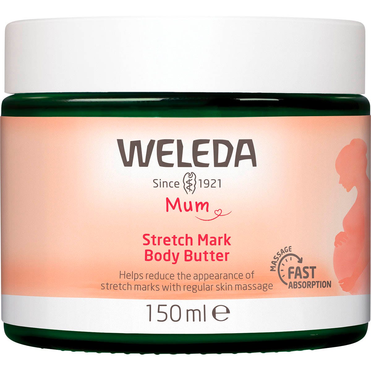 150ml tub of Weleda Stretch Mark Body Butter with a pink and white label on a white background.