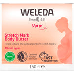 Front of Weleda Stretch Mark Body Butter box featuring pink floral designs and natural ingredients on a white background.